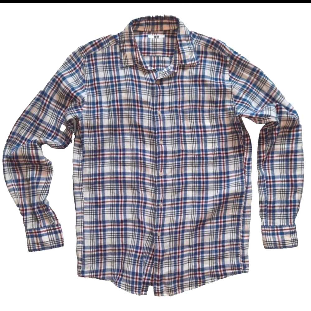 Uniqlo 100% Linen White/Red/Blue Plaid Shirt Men's Size: M - FAST SHIP